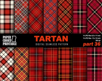 May include: A set of 14 digital seamless tartan patterns in various red, black, white, and yellow color combinations. The patterns are labeled "Tartan - Digital Seamless Pattern" and "Part 36".
