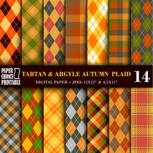 May include: A digital paper pack with 14 different autumn plaid patterns in shades of orange, red, green, brown, and yellow. The patterns include tartan and argyle designs. The text "Tartan & Argyle Autumn Plaid" and "Digital Paper JPEG 12X12" & 8,5X11" is included in the image.