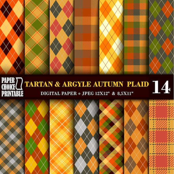 Autumn Tartan and Argyle  Plaid Digital Wallpaper, Seamless Pattern Prints, Scrapbook patterns backgrounds, digital papers, Instant Download