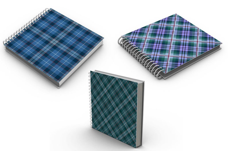May include: Three spiral bound notebooks with different plaid patterns. The notebooks are blue, green, and purple.