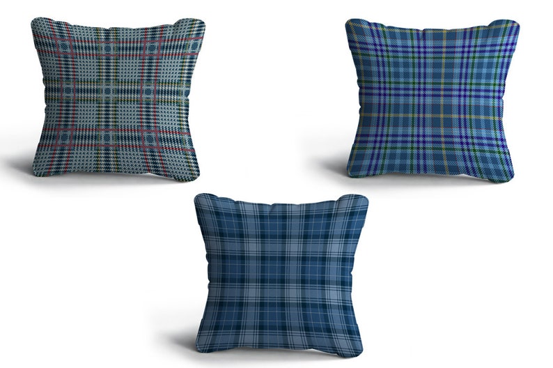 May include: Three blue and white plaid throw pillows. The pillows are square and have a soft, plush texture.