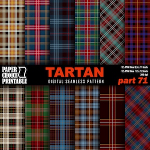 Puede incluir: Doce patrones de tartán digitales sin costuras en varios colores, incluidos rojo, azul, verde y marrón. Los patrones están dispuestos en una cuadrícula y están etiquetados como "Tartan Digital Seamless Pattern Part 71".