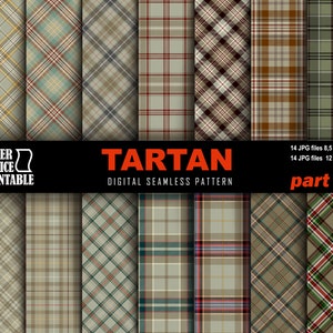 May include: A set of 14 digital seamless tartan patterns in various colors, including red, green, blue, brown, and beige. The patterns are 8.5 x 11 inches and 12 x 12 inches, 300 dpi. The text "Tartan Digital Seamless Pattern" and "Part 76" is included in the image.