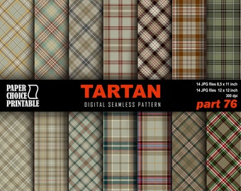 May include: A set of 14 digital seamless tartan patterns in various colors, including red, green, blue, brown, and beige. The patterns are 8.5 x 11 inches and 12 x 12 inches, 300 dpi. The text "Tartan Digital Seamless Pattern" and "Part 76" is included in the image.