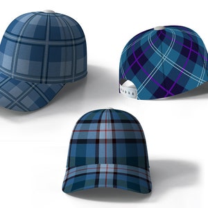 May include: Three baseball caps with different blue plaid patterns. The caps are all made of a soft, comfortable fabric and have a classic, timeless design.