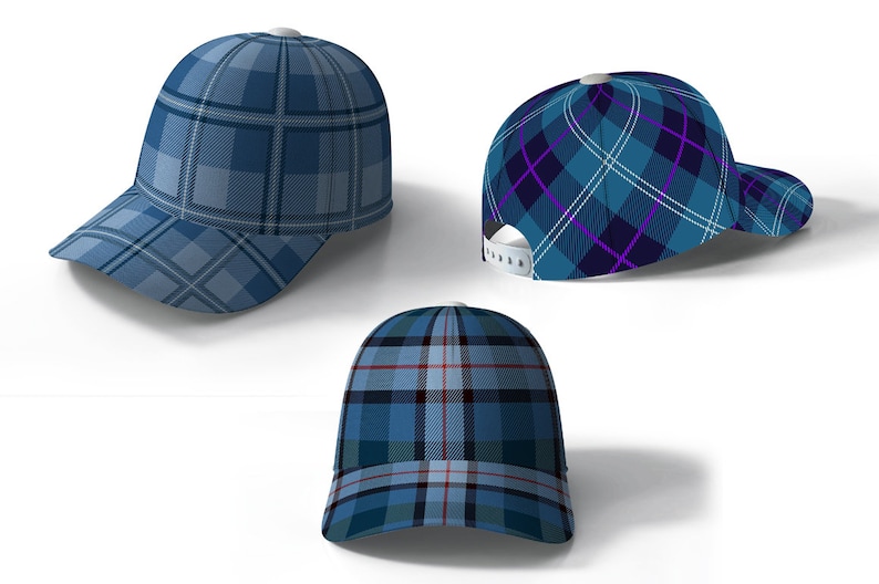 May include: Three baseball caps with different blue plaid patterns. The caps are all made of a soft, comfortable fabric and have a classic, timeless design.