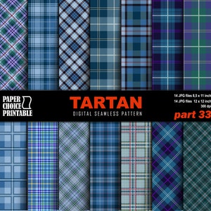 Pode incluir: Um conjunto de 14 padrões de tartã digitais sem costura em várias tonalidades de azul, verde e roxo. Os padrões são perfeitos para criar tecidos, papel de parede ou outros projetos de design. O texto "TARTAN DIGITAL SEAMLESS PATTERN" e "part 33" está incluído na imagem.