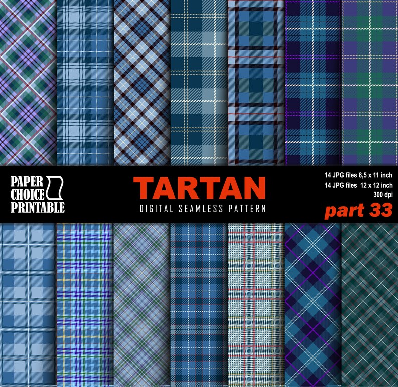 May include: A set of 14 digital seamless tartan patterns in various shades of blue, green, and purple. The patterns are perfect for creating fabric, wallpaper, or other design projects. The text "TARTAN DIGITAL SEAMLESS PATTERN" and "part 33" is included in the image.
