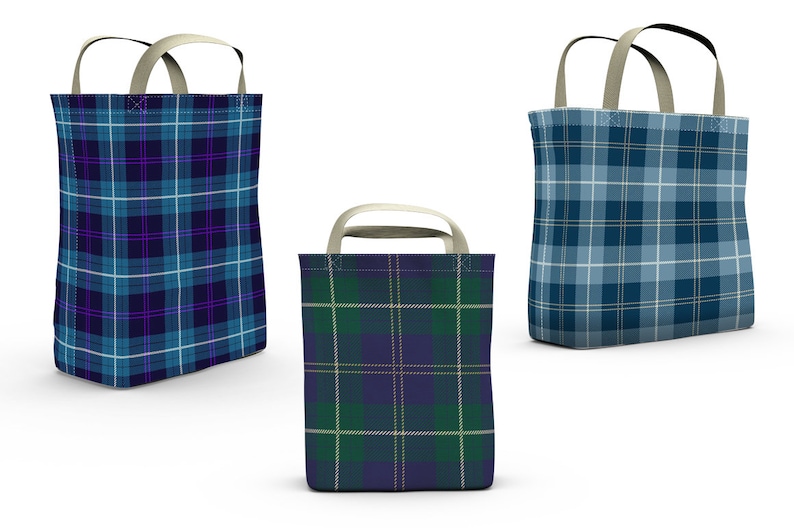 May include: Three tote bags with different plaid patterns. The bags are made of a sturdy fabric and have a simple design. The bags are all in shades of blue, green, and white.
