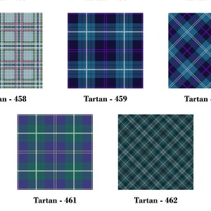 May include: Five different patterns of tartan fabric in blue, green, white, and purple. The patterns are labeled with the numbers 458, 459, 460, 461, and 462.