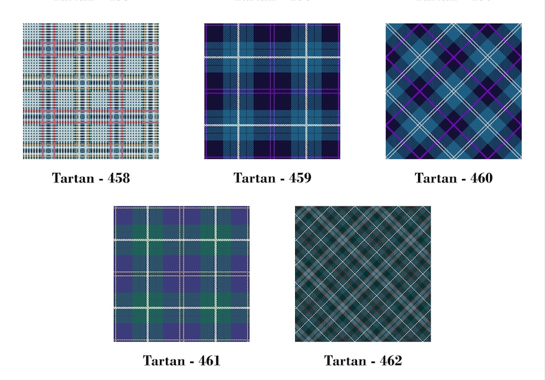 May include: Five different patterns of tartan fabric in blue, green, white, and purple. The patterns are labeled with the numbers 458, 459, 460, 461, and 462.