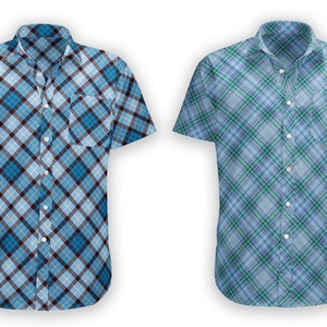 May include: Two short-sleeved button-down shirts with a plaid pattern. The shirt on the left has a blue, white, and brown plaid pattern. The shirt on the right has a blue, white, and green plaid pattern.
