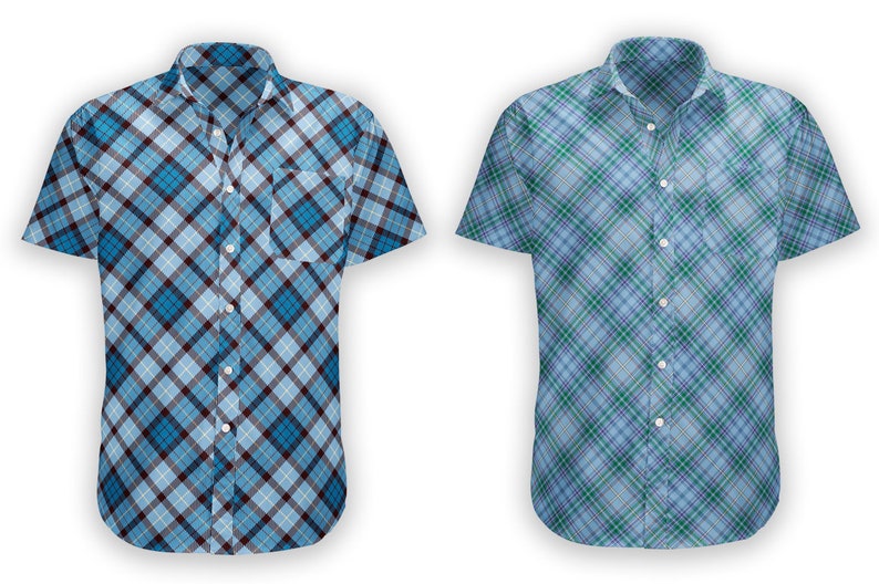 May include: Two short-sleeved button-down shirts with a plaid pattern. The shirt on the left has a blue, white, and brown plaid pattern. The shirt on the right has a blue, white, and green plaid pattern.