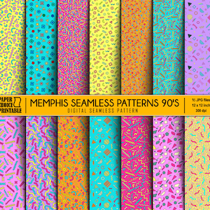 Op de afbeelding: Een set van 16 digitale naadloze patronen in Memphis-stijl uit de jaren 90. De patronen zijn voorzien van felle kleuren, geometrische vormen en golvende lijnen. De patronen zijn perfect voor het maken van achtergronden, inpakpapier of stof.