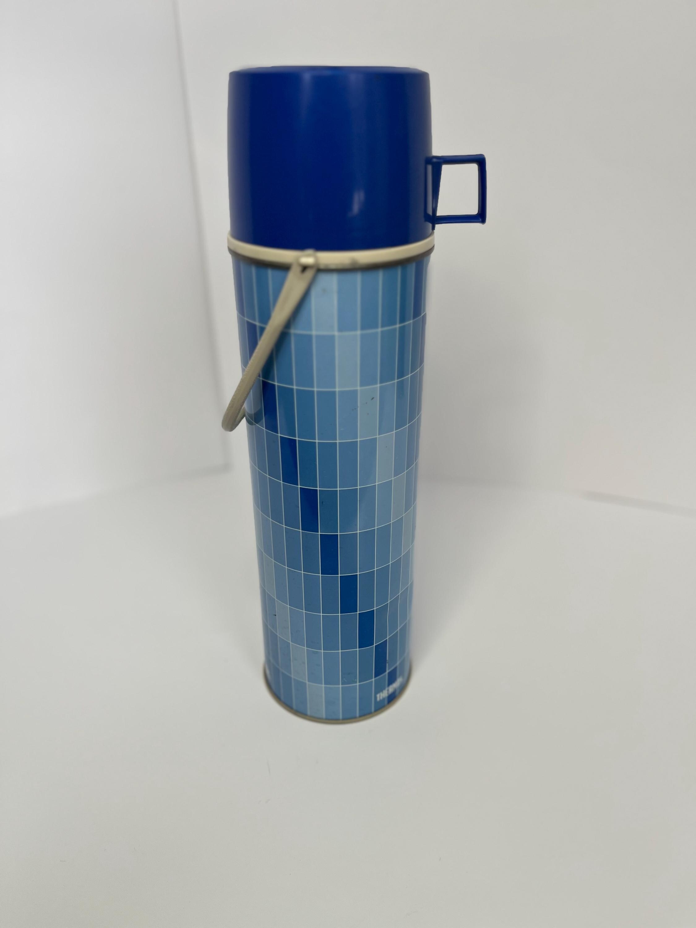 1970s Aladdin Thermos: Blue Checkerboard, Metal & Plastic