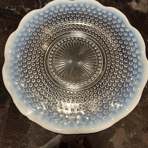Vintage Anchor Hocking Moonstone Opalescent Hobnail Ruffled Plate Platter, 1940s Antique