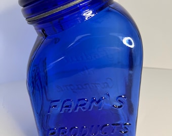 Glass Container, Glass Jar,  Vintage Cobalt Blue: Casadis Milano Embossed Fruit Canister