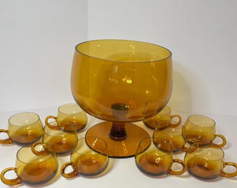 Yellow Amber Glass Punch Bowl Set: Mid-Century Modern with 10 Cups