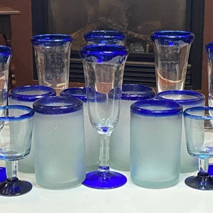 14 Mexican Blue rim Tumblers and Glasses