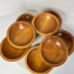 MCM Glass Salad Bowl with Hand Turned Teak Wood Stand & six Vintage Serving Bowls