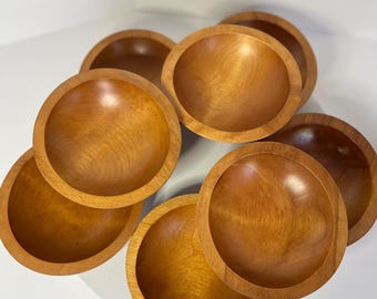 MCM Glass Salad Bowl with Hand Turned Teak Wood Stand & six Vintage Serving Bowls