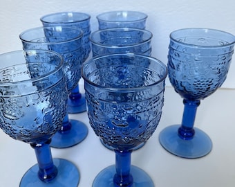 Blue Wine Glass Goblets: Raised Fruit Pattern Stemware (Set of 6)