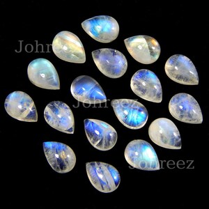 Blue Flashy Rainbow Moonstone Pear Cabochon: Natural Loose Gemstone (3x5mm to 13x18mm)