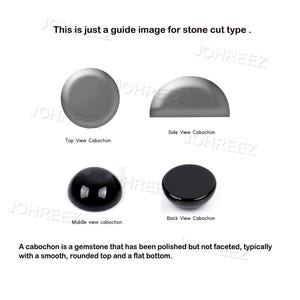 May include: Diagram showing the different views of a cabochon cut gemstone. The top view shows a round, smooth surface. The side view shows a curved, rounded shape. The middle view shows a smooth, rounded top and a flat bottom. The back view shows a flat, smooth surface.