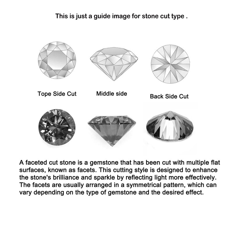 Pode incluir: Diagrama que mostra os diferentes cortes de uma gema facetada. A linha superior mostra um corte superior, um corte m&eacute;dio e um corte posterior. A linha inferior mostra um close-up de cada corte. O texto explica que uma gema facetada &eacute; uma gema que foi cortada com m&uacute;ltiplas superf&iacute;cies planas, conhecidas como facetas. Este estilo de corte &eacute; projetado para real&ccedil;ar o brilho e o brilho da gema, refletindo a luz de forma mais eficaz. As facetas s&atilde;o geralmente dispostas em um padr&atilde;o sim&eacute;trico, que pode variar dependendo do tipo de gema e do efeito desejado.