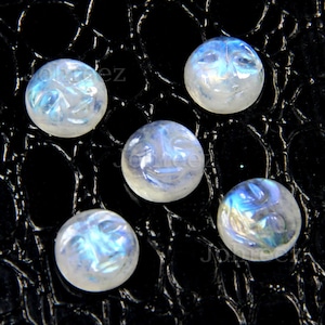 Rainbow Moonstone Face Cabochons: Round Carved Gemstones, 5 Pieces