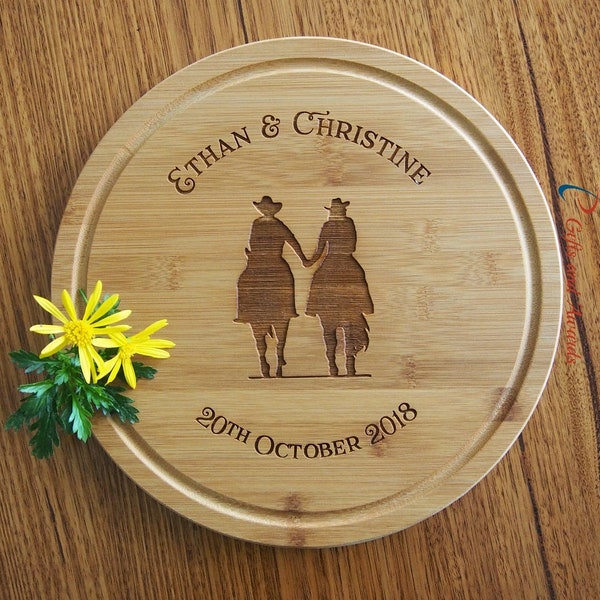 Personalised Engraved Bamboo Round Serving Board, Cheese board dia 28cm -Wedding gift/Engagement gift/ Gift for the couple/ Couple on horses