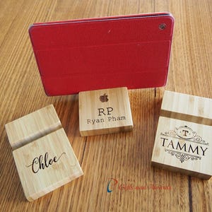 Personalised bamboo mobile phone stand/mobile phone holder- laser engraving - Gift for everyone - personalized gift - Gift for all occasions image 1