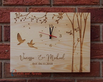 Personalised & Engraved Wood Wall Clock RECTANGLE shape-Wedding gift-Anniversary gift-Christmas gift-Gift for the couple- 2 birds and trees