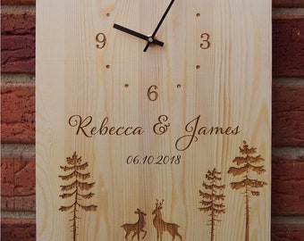 Personalised & Engraved Wood Wall Clock RECTANGLE shape-Wedding gift-Wedding Anniversary gift-Gift for the couple- Two Deers in the forest