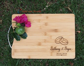 Personalised Engraved Bamboo rectangular cutting board S/S handle- Wedding gift -Anniversary gift- Gift for couple- 2 rings - 2 names & date