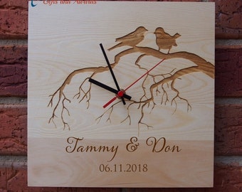 Personalised Engraved wood wall/desk clock SQUARE shape-Wedding gift-Anniversary gift-Engagement gift-Gift for couple- 2 birds on the branch