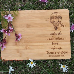 Personalised Engraved Bamboo cutting board S/S handle-Gift for them/Engagement gift/Wedding gift-and so the adventure begins-hot air balloon