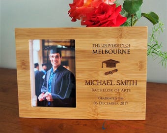 CUSTOM ORDER for University graduation photo frame- Graduation frame- Graduation gift -  Bamboo Engraved photo frame, hold 4x6"photo