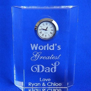 FREE DELIVERY - Personalised rectangular crystal desk clock - Engraved wording - World's Greatest Dad - Gift for Dad - Fathers day gift