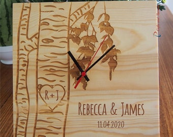 Personalised & Engraved Wood Wall/Desk clock SQUARE shape-Wedding gift-Anniversary gift-Valentine gift-Gift for the couple- Birch trees