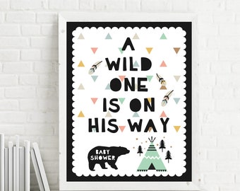 Wild One babyshower sign teepee black bear arrow feather triangle pastel arrow baby on his her way Instant Download Printable Digital