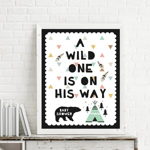 Wild One babyshower sign teepee black bear arrow feather triangle pastel arrow baby on his her way Instant Download Printable Digital