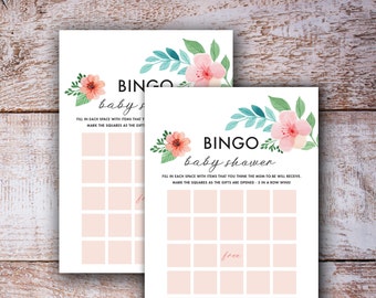 May include: Two printable baby shower bingo cards with floral designs in pink and teal. The cards have a pink background and the text "BINGO baby shower" is printed at the top. The text "FILL IN EACH SPACE WITH ITEMS THAT YOU THINK THE MOM-TO-BE WILL RECEIVE. MARK THE SQUARES AS THE GIFTS ARE OPENED - 5 IN A ROW WINS!" is printed below the title. The word "free" is printed in one of the squares.