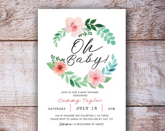 Oh Baby Shower Printable Invitation Pink Floral wreath watercolor Baby Shower Invitation, Baby Girl Shower DIGITAL FILE DIY