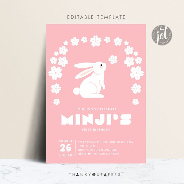 Rabbit Bunny birthday invite, Pink Blue year of rabbit Doljanchi DoljabiFirst Birthday Zhuazhou template digital printable