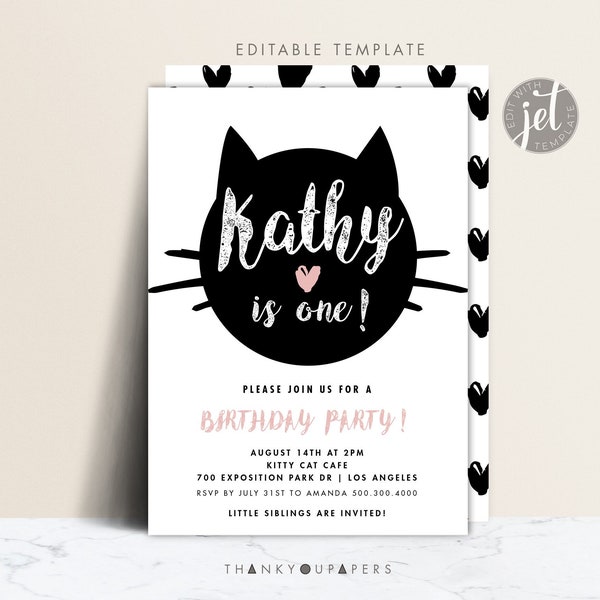 Katze-Geburtstags-Einladung, schwarze Katze Party-Thema, Katzen-Thema, rosa Herz, Halloween-Party, Meow Kitty Katze druckbare