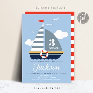 Nautical Sailor Birthday Invite, Ahoy Sailor Invitation, First Birthday Invitation Doljanchi Stripes Nautical Party Invite, Printable