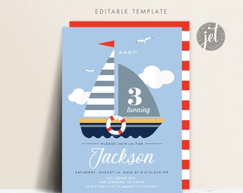 Nautical Sailor Birthday Invite, Ahoy Sailor Invitation, First Birthday Invitation Doljanchi Stripes Nautical Party Invite, Printable