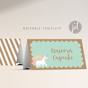 Tienda de campaña con etiqueta para el nombre de la fiesta Unicorn Mint. Tienda de campaña con etiquetas para buffet de cumpleaños con diseño de unicornio y arcoíris. Descarga instantánea de fiesta (imprimibles de bricolaje personalizados)