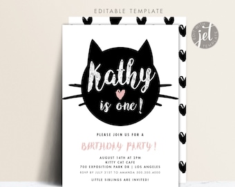 Cat Birthday Invitation, Printable, Black Cat Party Theme, Cat Theme, pink heart, Halloween Party, Meow Kitty Cat Printable
